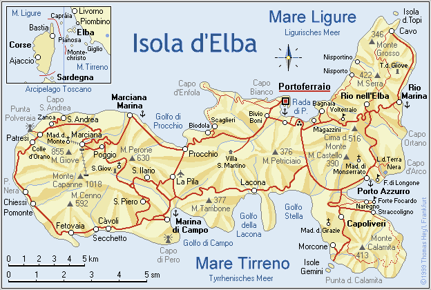 Eine Karte der Mittelmeerinsel Elba.