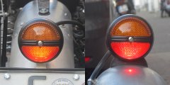 LED und Glühlampe im Vergleich: Das Rücklicht (LED, links) wirkt orangefarbener.