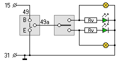 Anschluss eines Blinkrelais mit zwei LED als Kontrollleuchten.