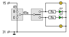 Schaltplan: Blinkrelais, Schalter mit zwei LED als Kontrolle.