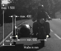 Anbringungsvorschriften für Tagfahrleuchten, hier die Maße am Motorradgespann.