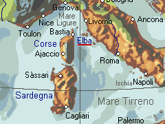 Karte: Das Mittelmeer bei Italien (Tyrrhenisches Meer) mit Elba, Korsika und Sardinien.