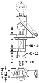 Die Maße des Schlüsselschalters für 24 Volt und 10 Ampère (in Millimeter).