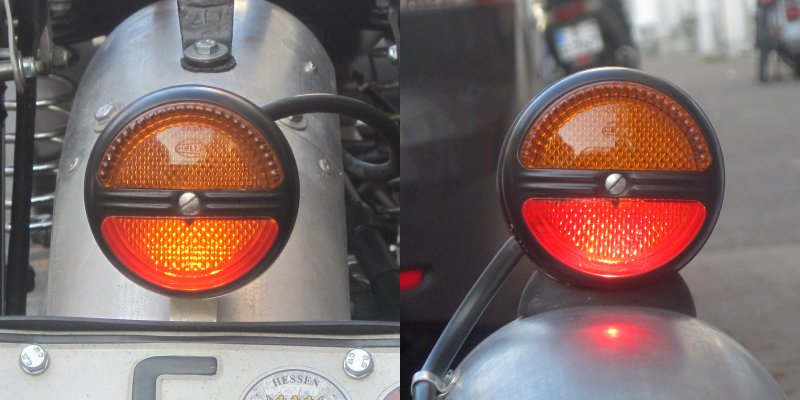 Links: Rücklicht mit LED–Sofitte, rechts: konventionelle Glühlampe (10 Watt).