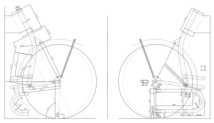 Konstruktionszeichnung einer Motorrad–Langschwingengabel.