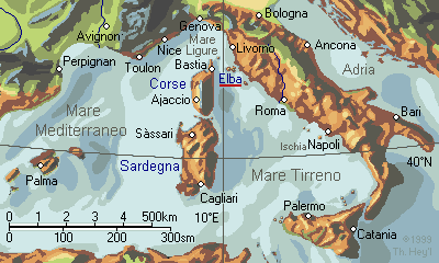 Karte: Das Mittelmeer bei Italien (Tyrrhenisches Meer) mit Elba, Korsika und Sardinien.